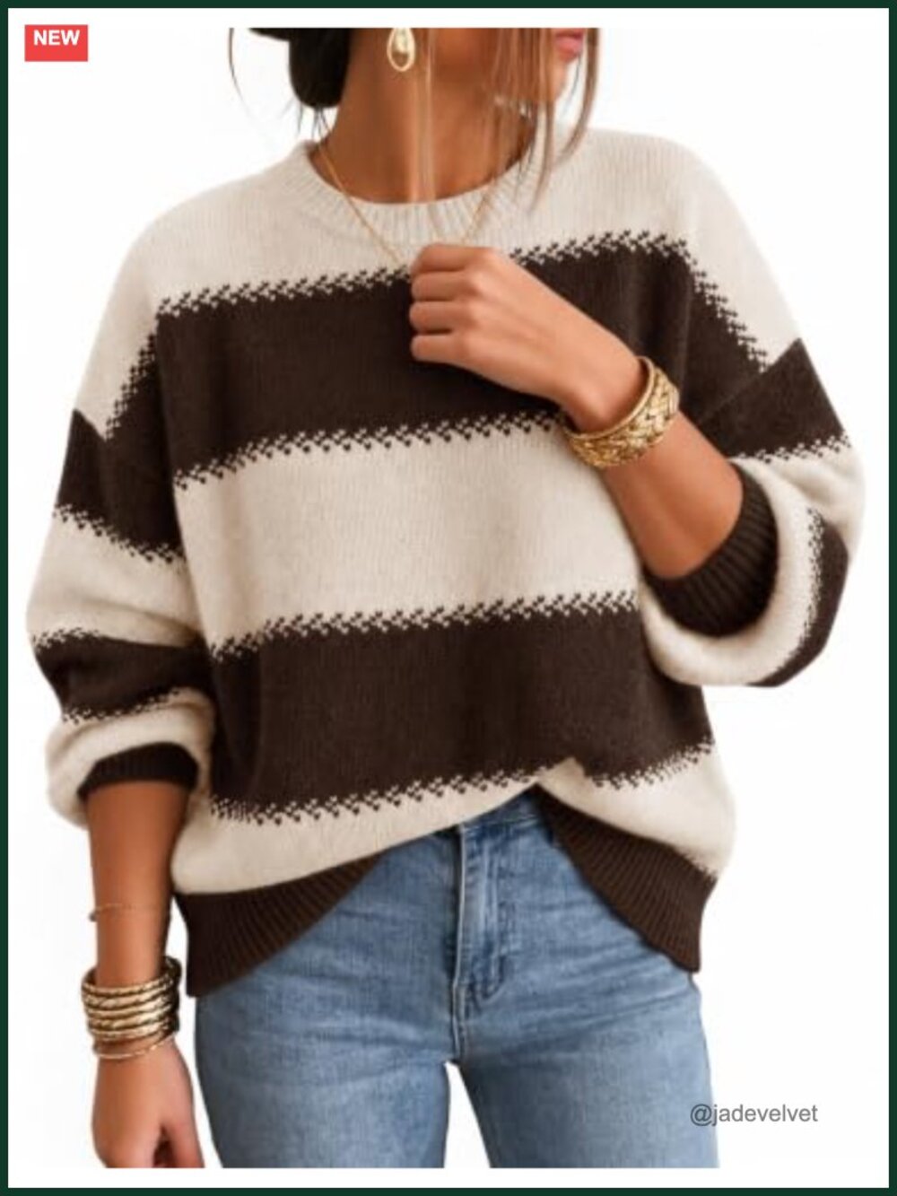 Womens Oversized Striped Knit Sweater Drop Shoulder Crew Neck Long Sleeve